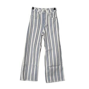 H&M Blue and White Stripe Denim Cropped Flare Leg Raw Hem Jeans Size 4